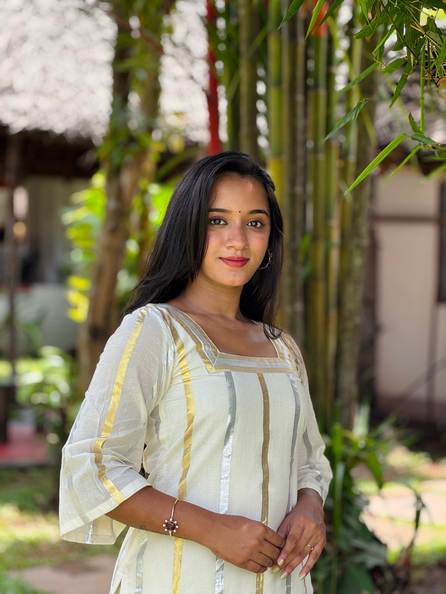 Off White Silver and Gold Striped Kurta and Pant Set
