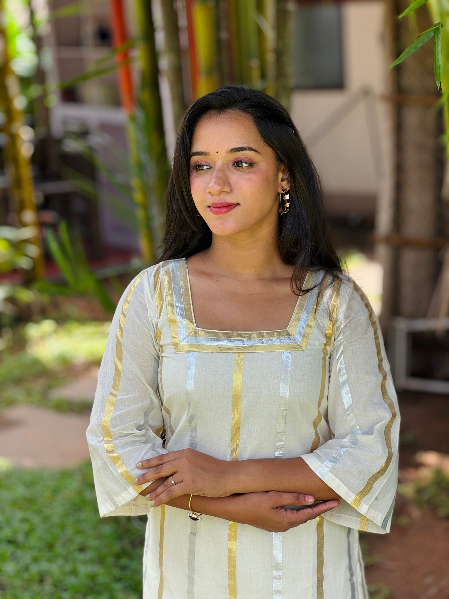Off White Silver and Gold Striped Kurta and Pant Set