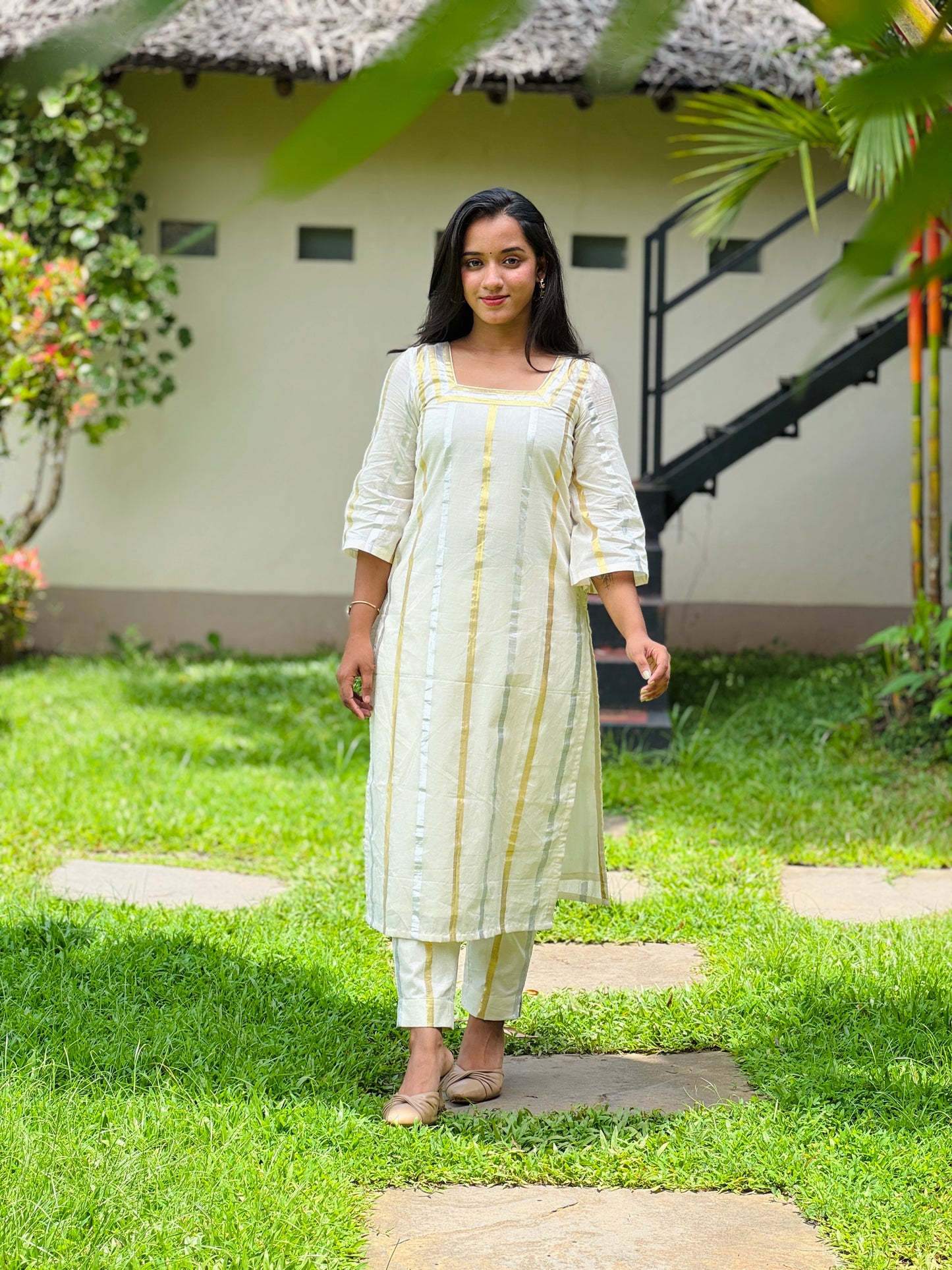 Off White Silver and Gold Striped Kurta and Pant Set