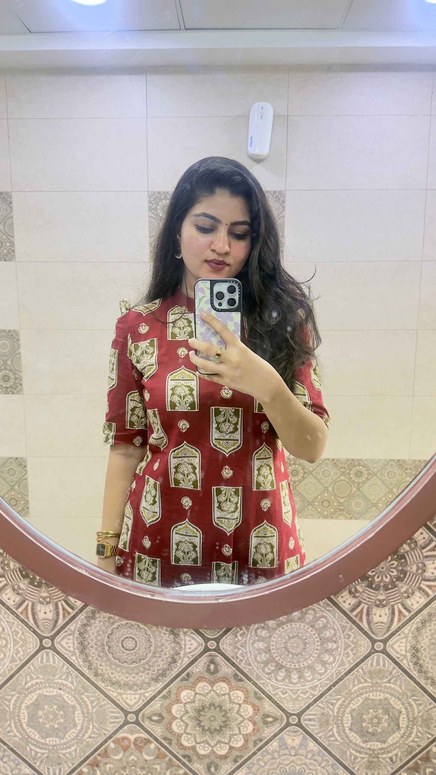 Reddish Maroon with Green Floral Printed Kurta and Pant Set