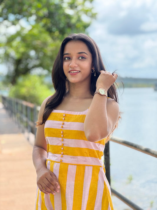Block Printed Yellow and Baby Pink Striped Dress
