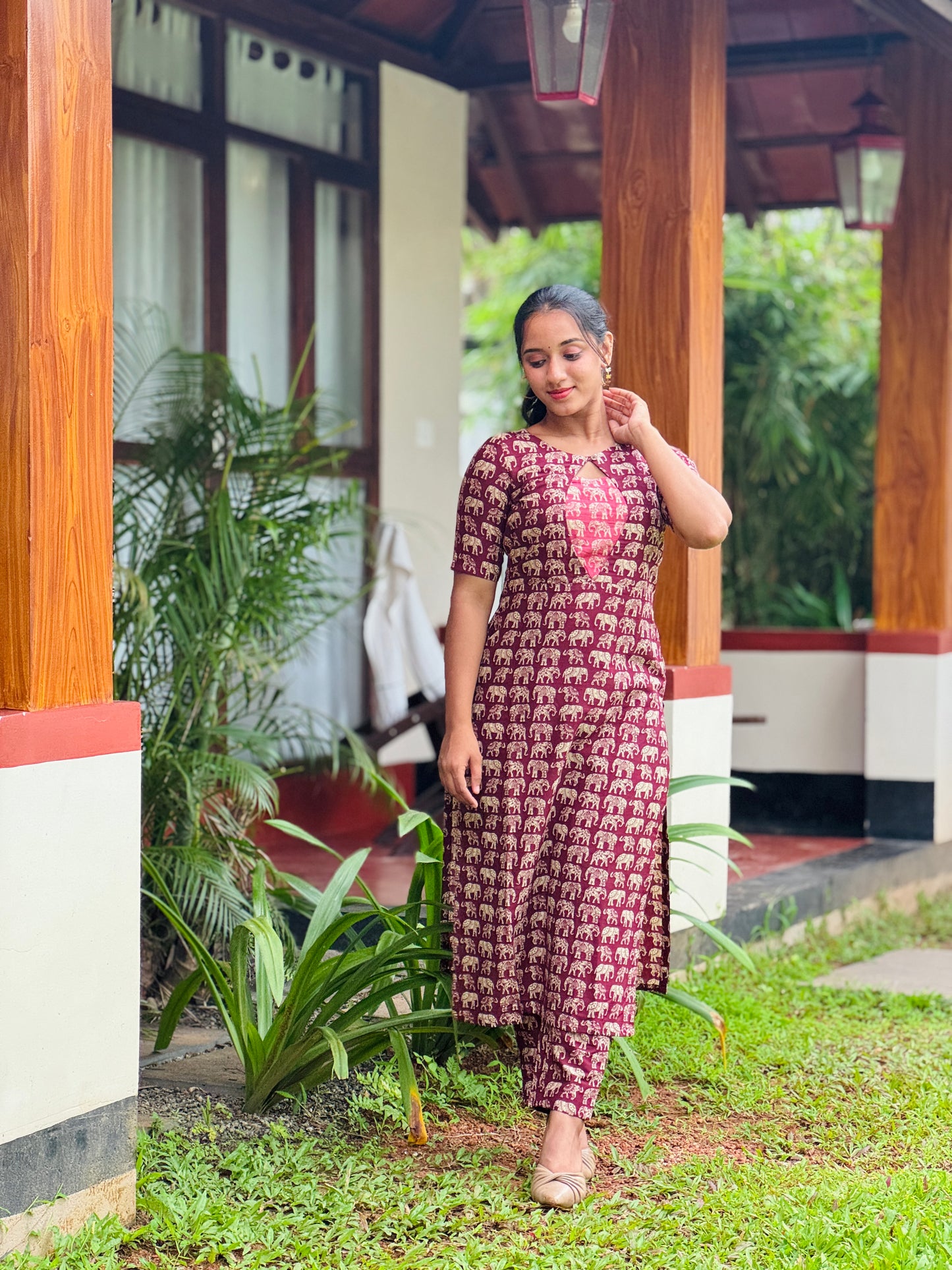 Purple Elephant Printed Kurta and Pant Set with Contrast Patch on Yoke