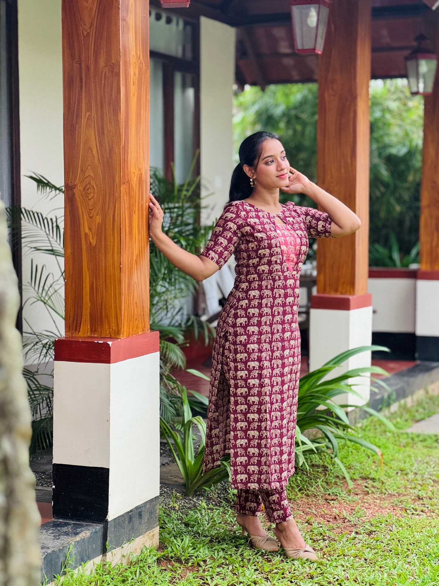 Purple Elephant Printed Kurta and Pant Set with Contrast Patch on Yoke