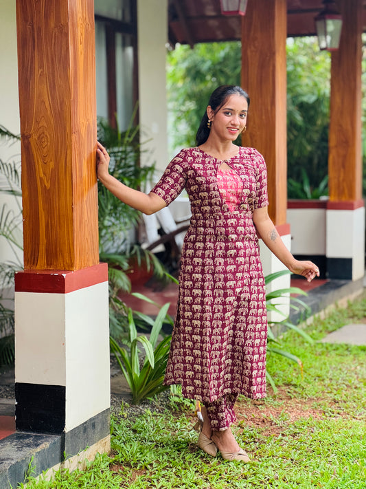 Purple Elephant Printed Kurta and Pant Set with Contrast Patch on Yoke