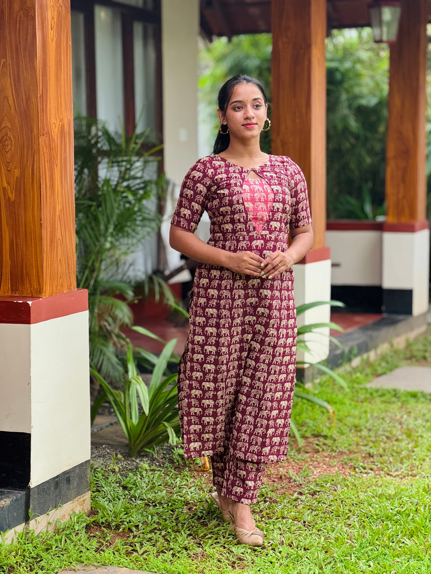 Purple Elephant Printed Kurta and Pant Set with Contrast Patch on Yoke