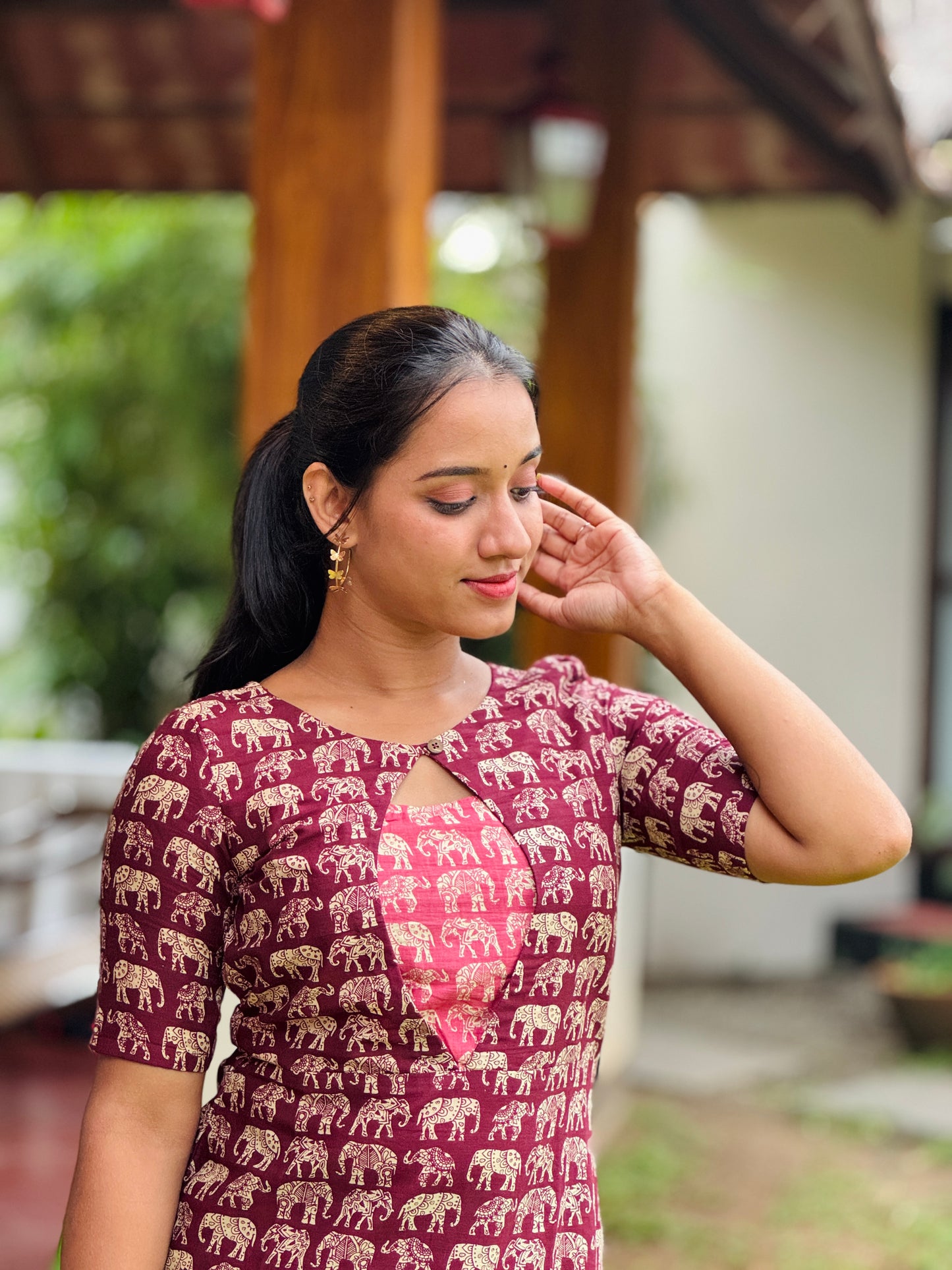 Purple Elephant Printed Kurta and Pant Set with Contrast Patch on Yoke