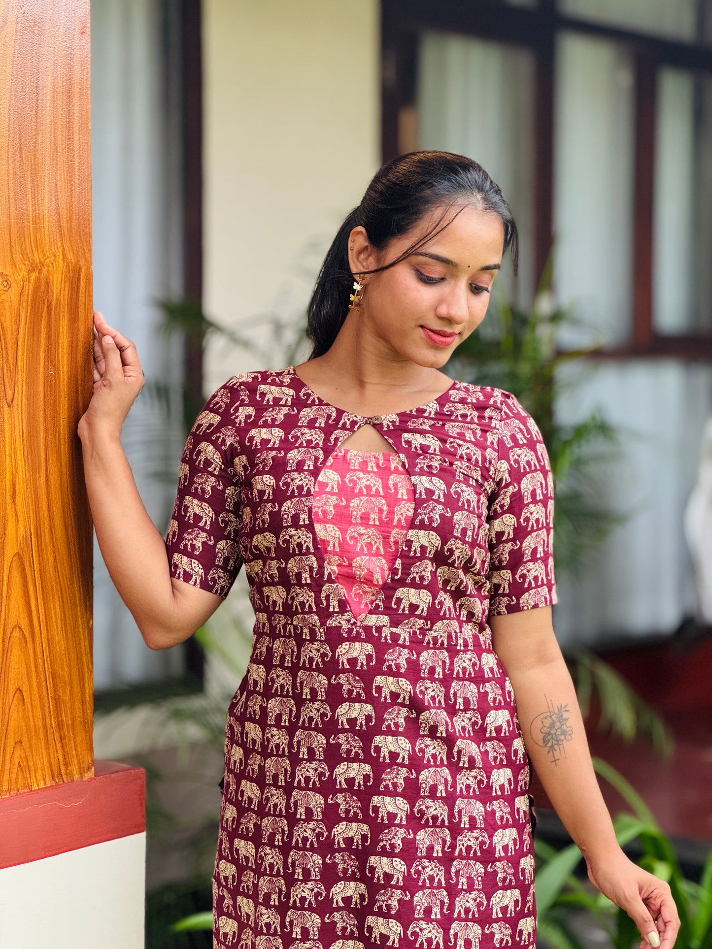 Purple Elephant Printed Kurta and Pant Set with Contrast Patch on Yoke