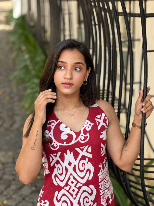 Red Abstract Print Kurta Pant Set