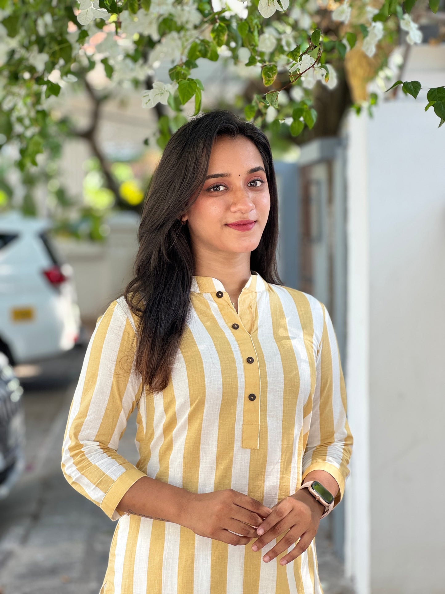 White and Beige Stripe Kurta Set