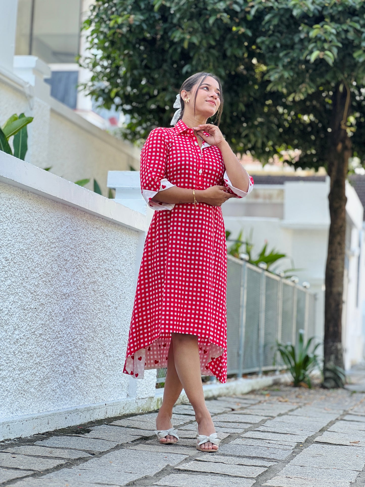 Red Check Shirt Dress With Heart Print Highlights