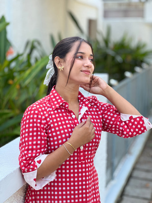 Red Check Shirt Dress With Heart Print Highlights