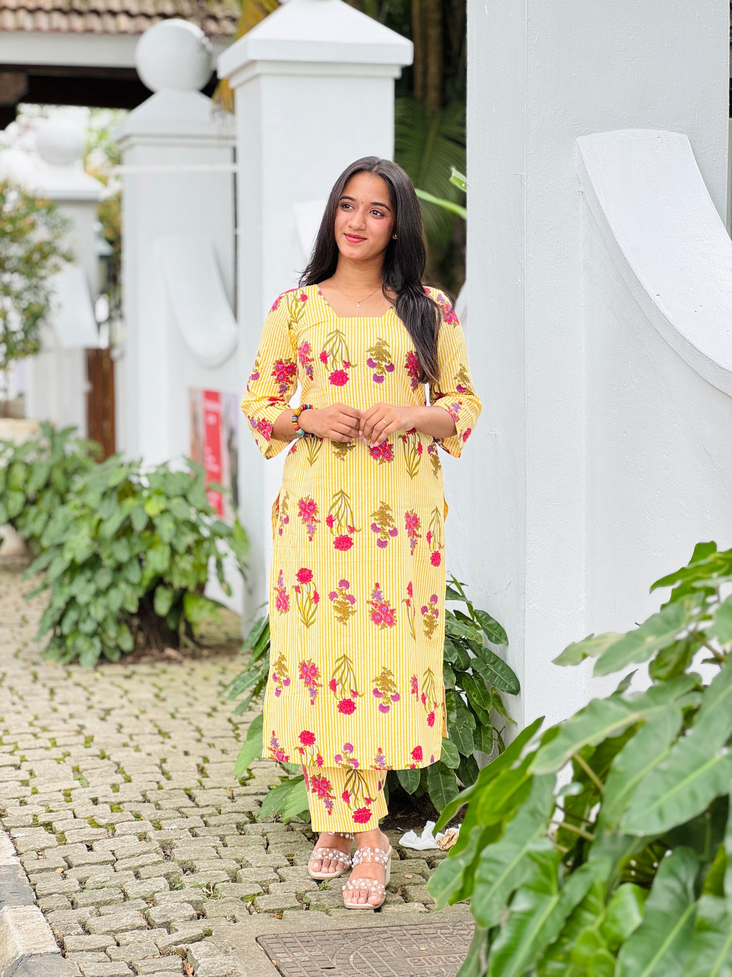 Yellow Striped and Floral Printed Kurta and Pant Set