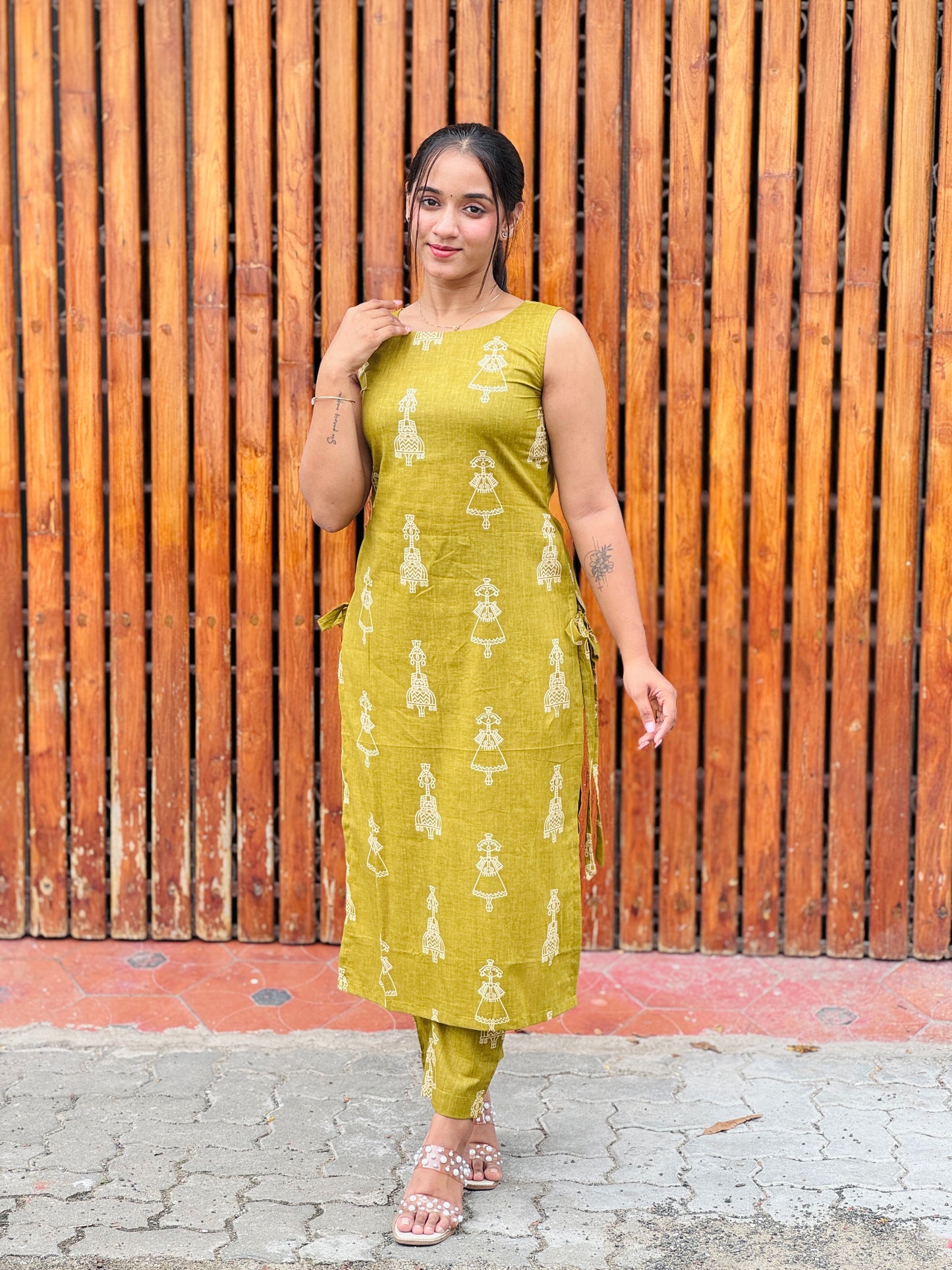 Light Green Tribal Printed Side Tie Kurta and Pant Set