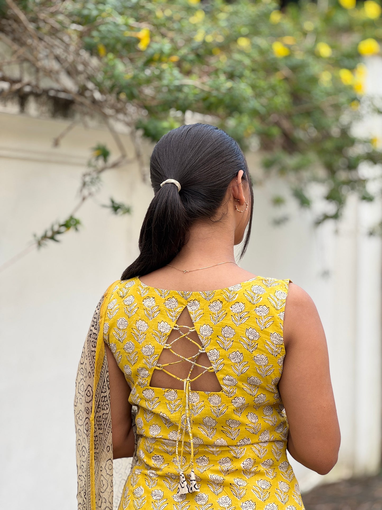 Yellow Block Printed Suit with Kota Doriya Duppatta