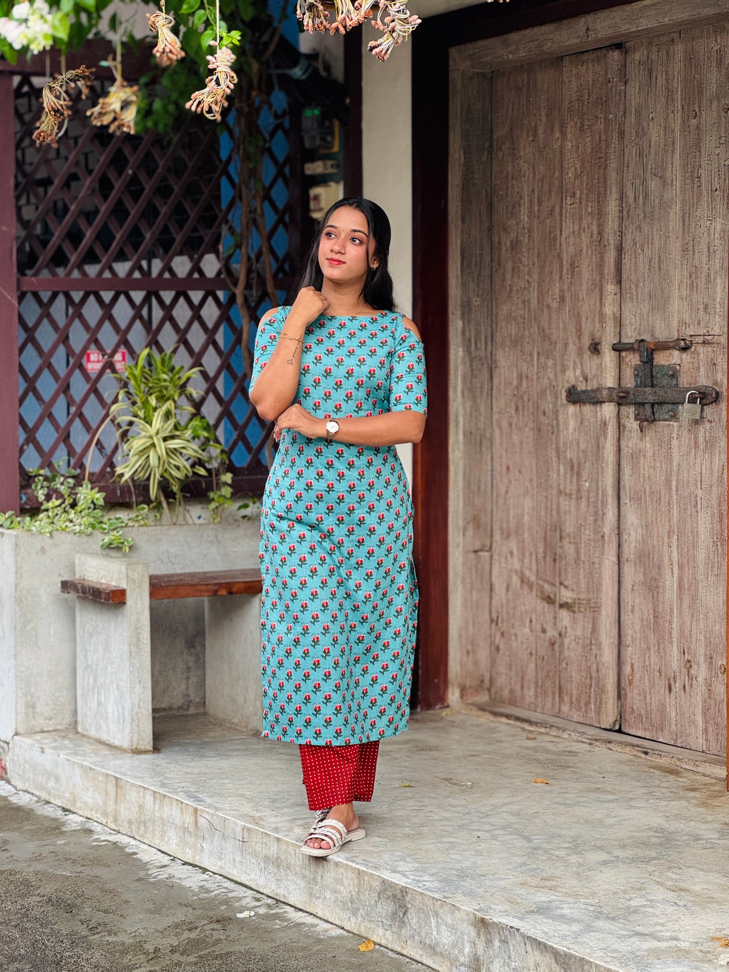 Cotton Light Blue Kurta With Brick Red Polka Pallazzo
