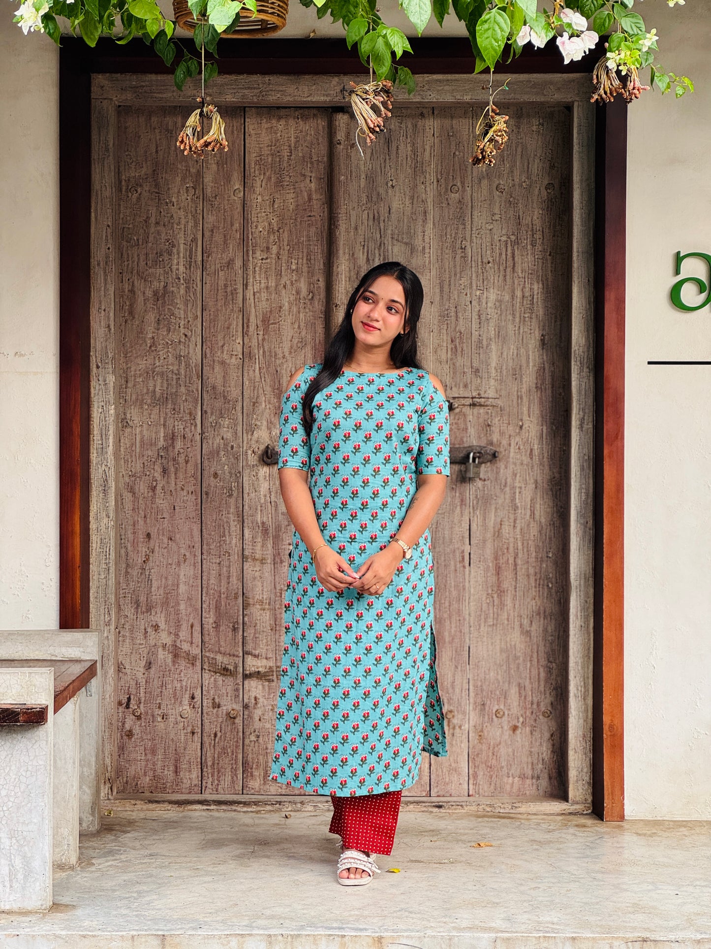Cotton Light Blue Kurta With Brick Red Polka Pallazzo