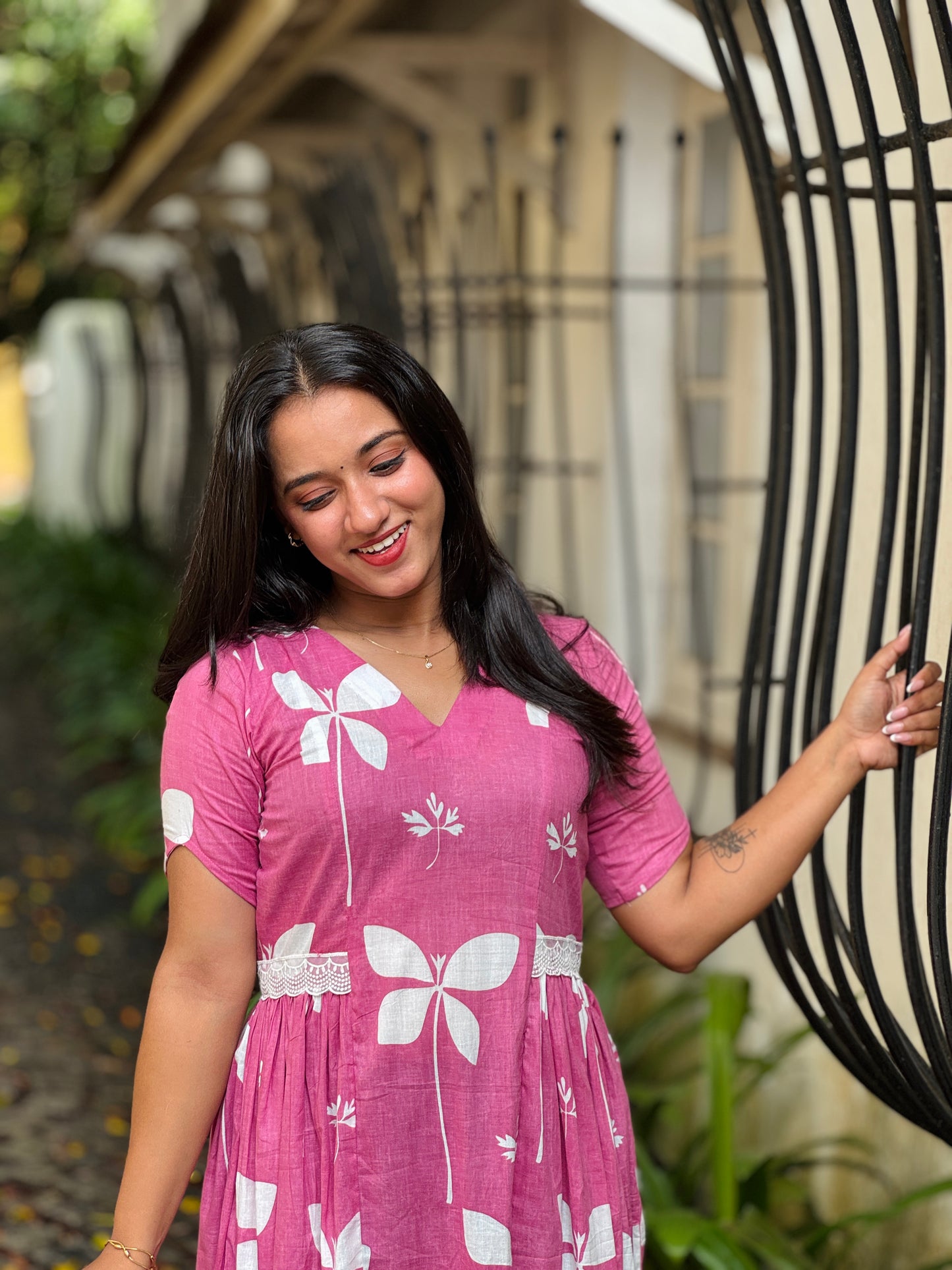 Pink Floral Cotton Dress with Side Gathers and Lace Detailing