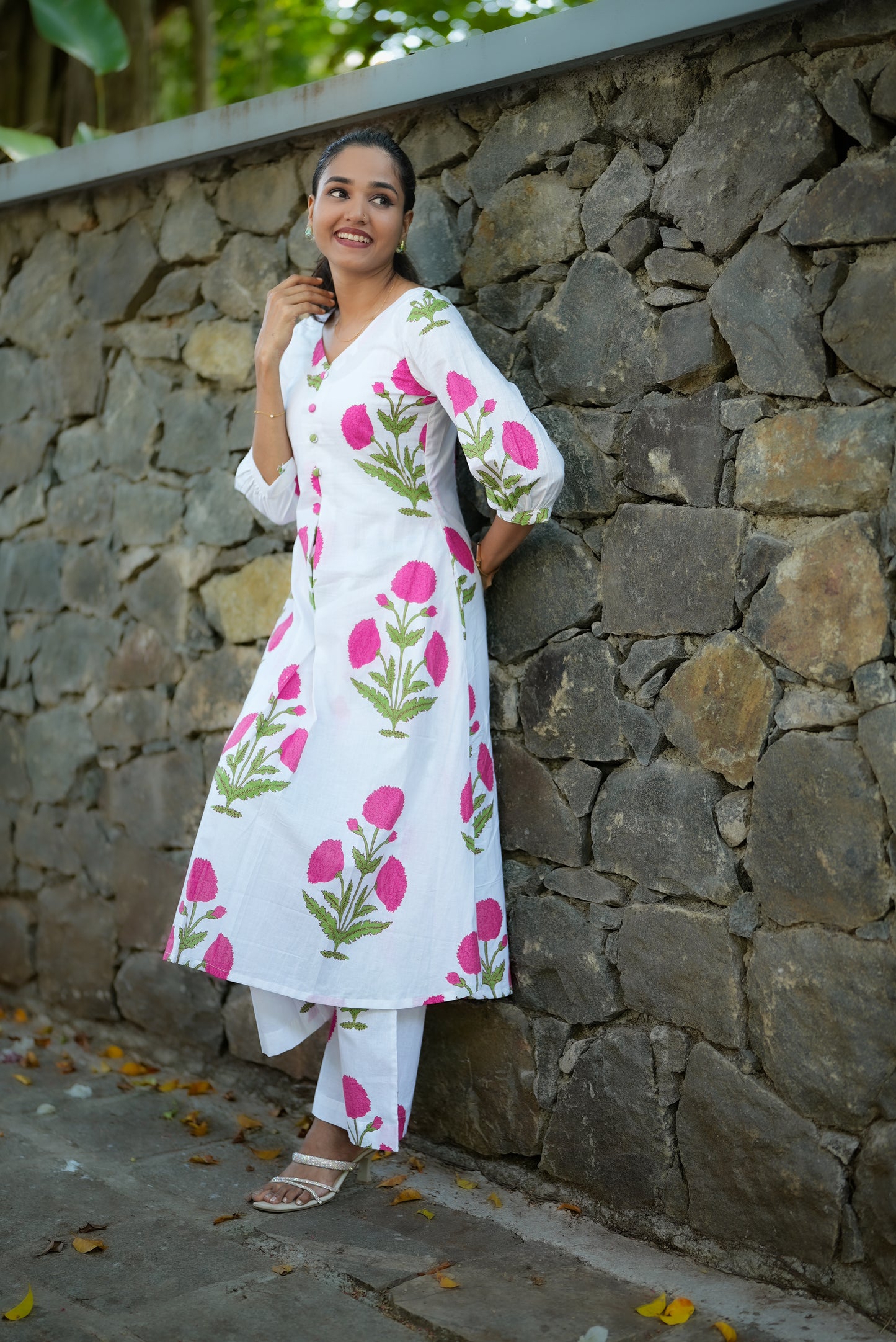 Block Printed Pink Floral Kurta And Palazzo Set
