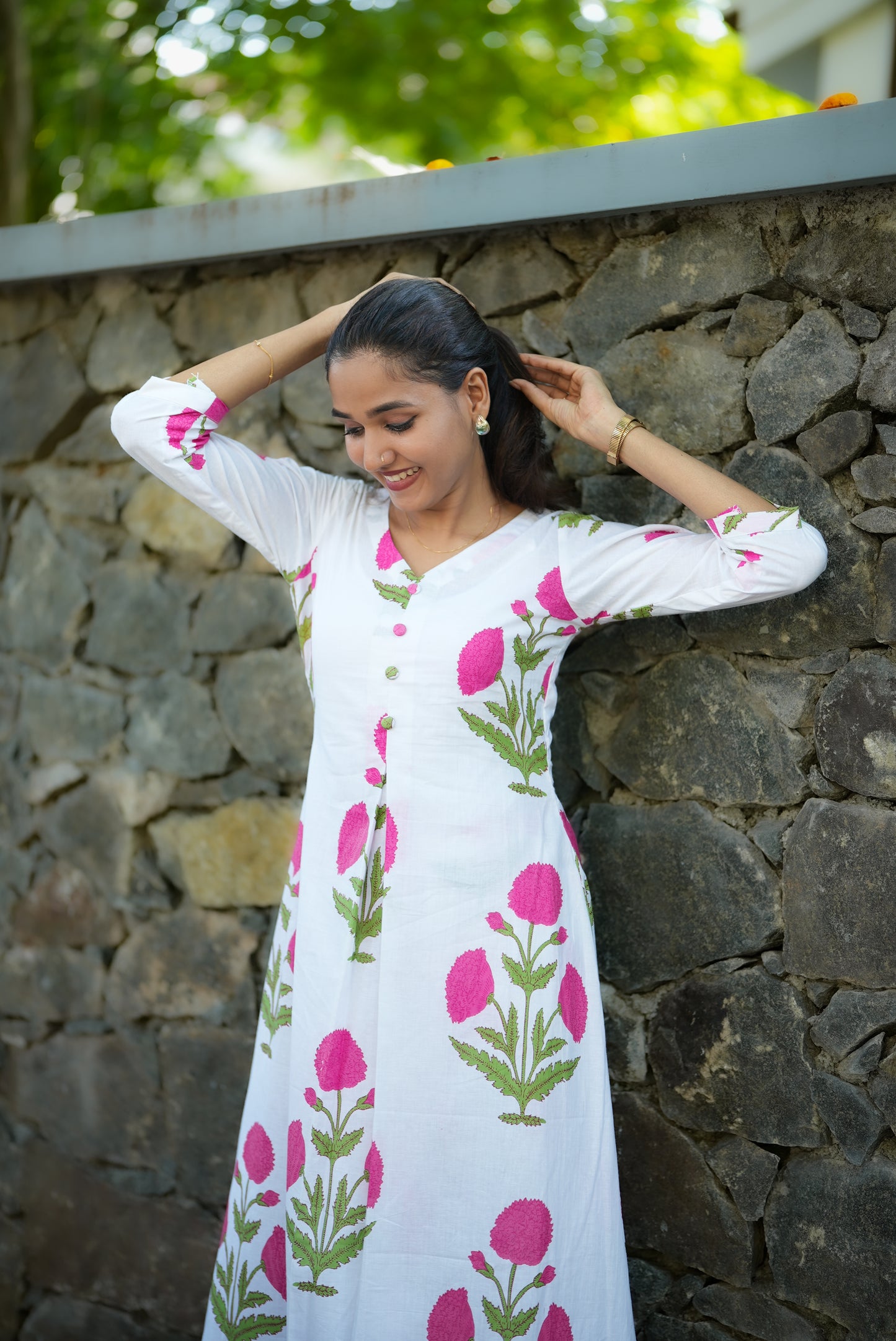 Block Printed Pink Floral Kurta And Palazzo Set