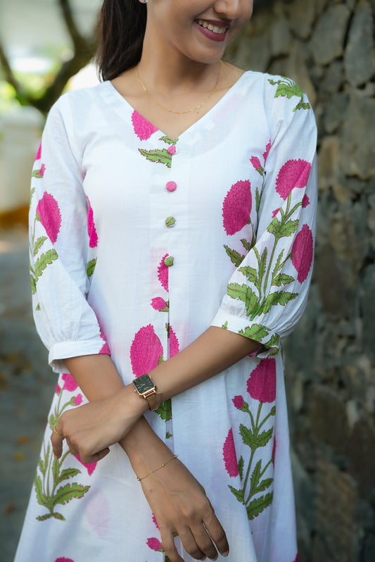 Block Printed Pink Floral Kurta And Palazzo Set