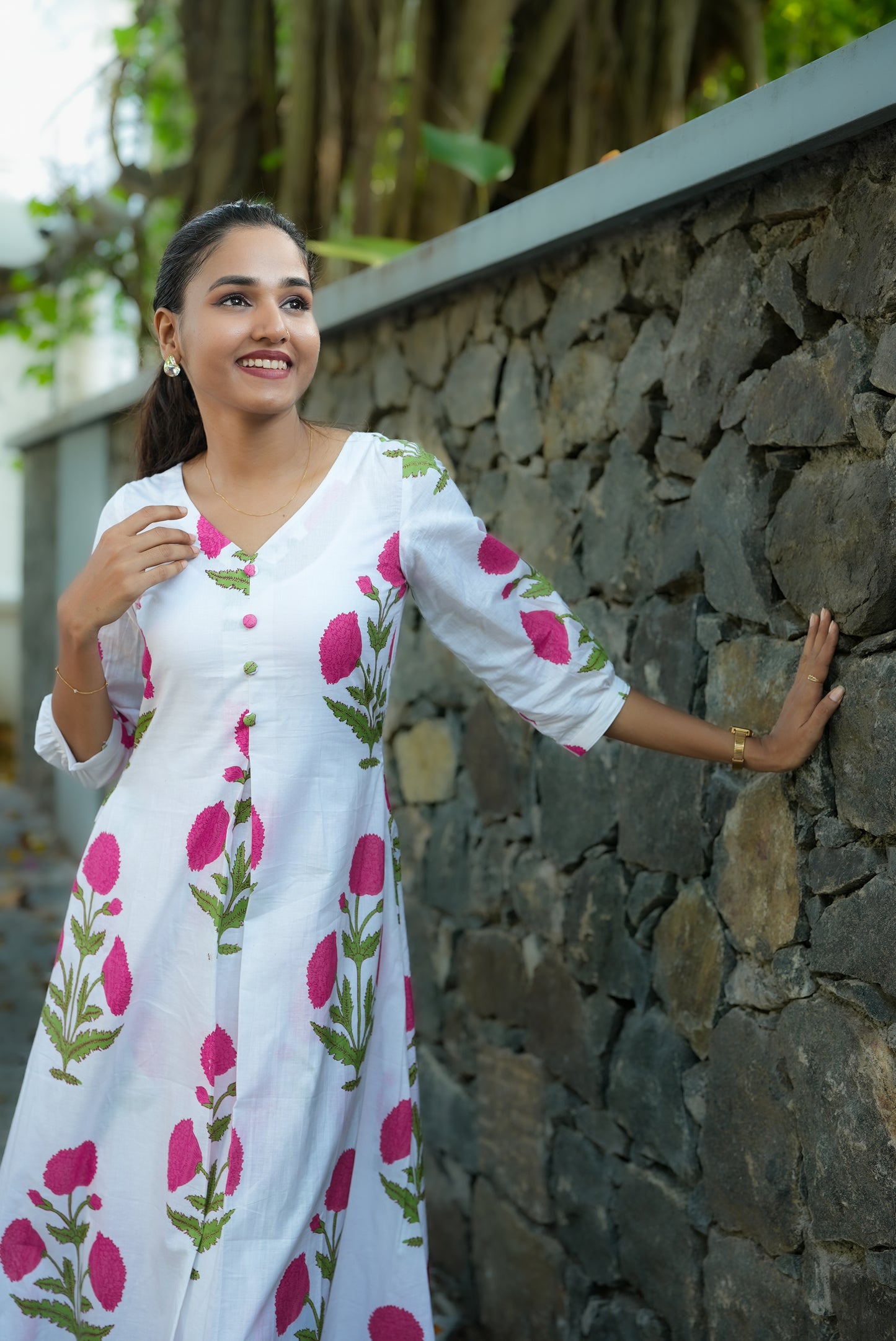 Block Printed Pink Floral Kurta And Palazzo Set