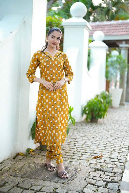 Mustard Yellow Floral Kurta Pant Set