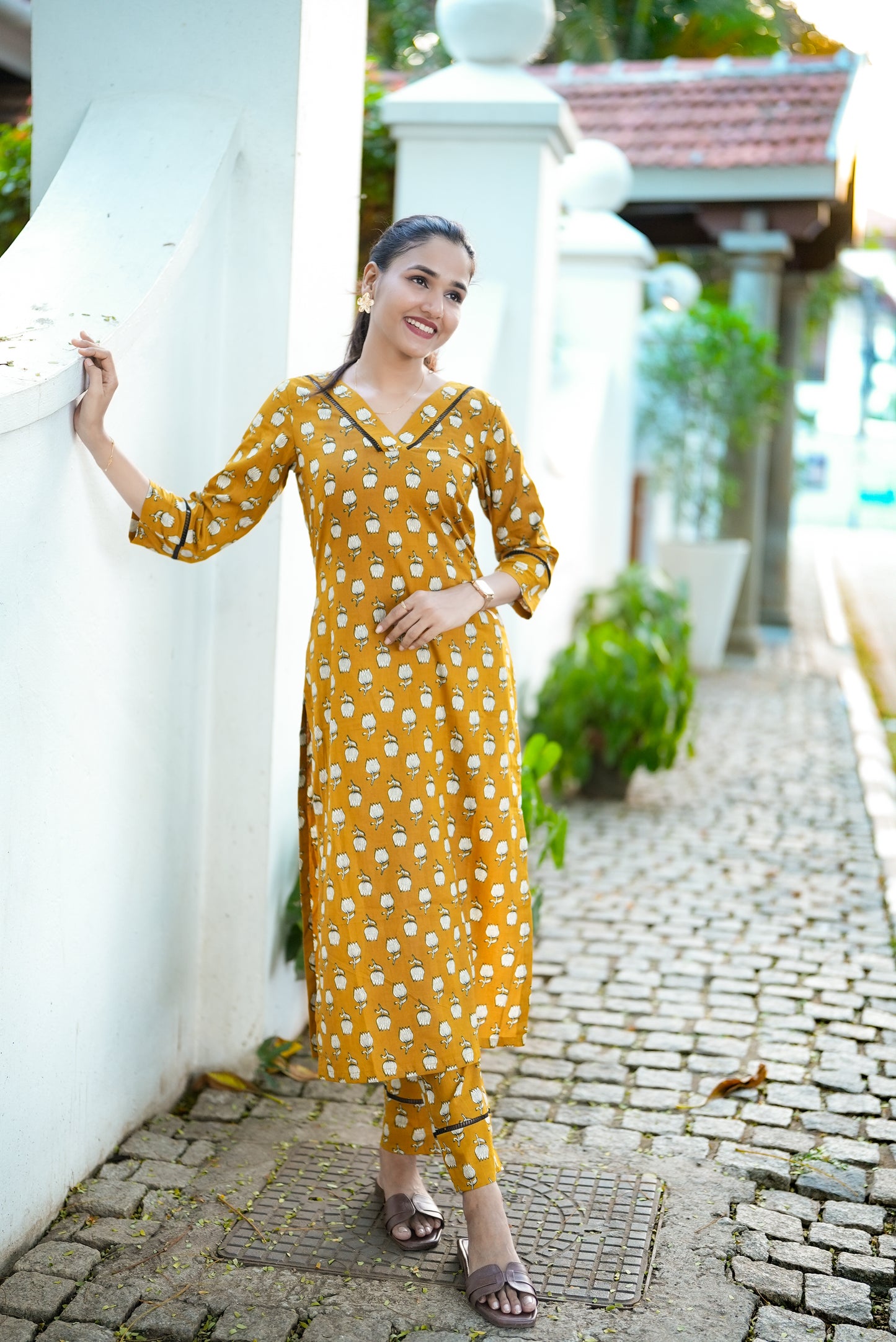 Mustard Yellow Floral Kurta Pant Set