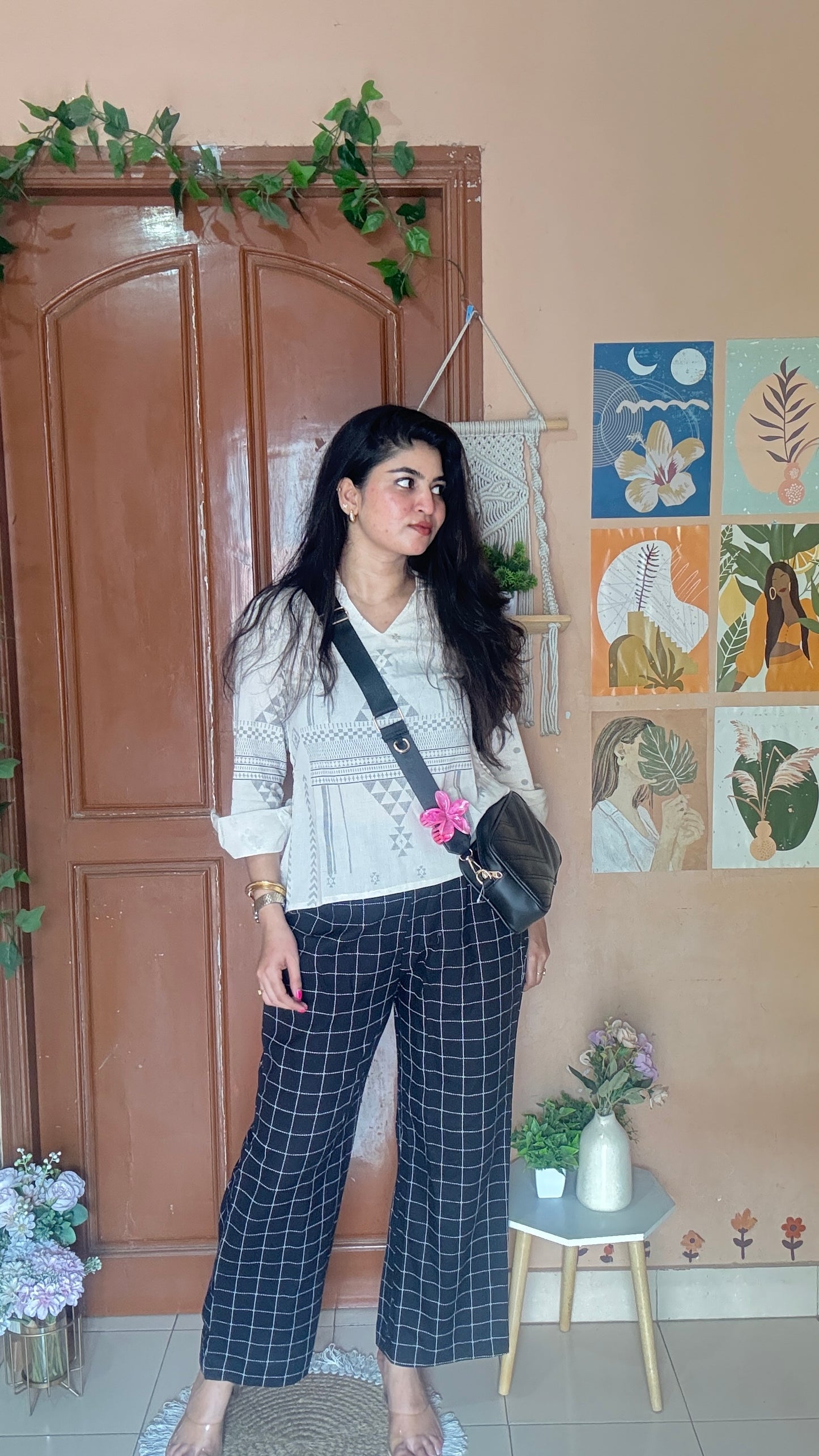 White and Black Cotton Short Top and Pant Set