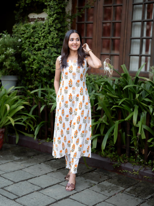 White floral block printed aline kurta and pant set
