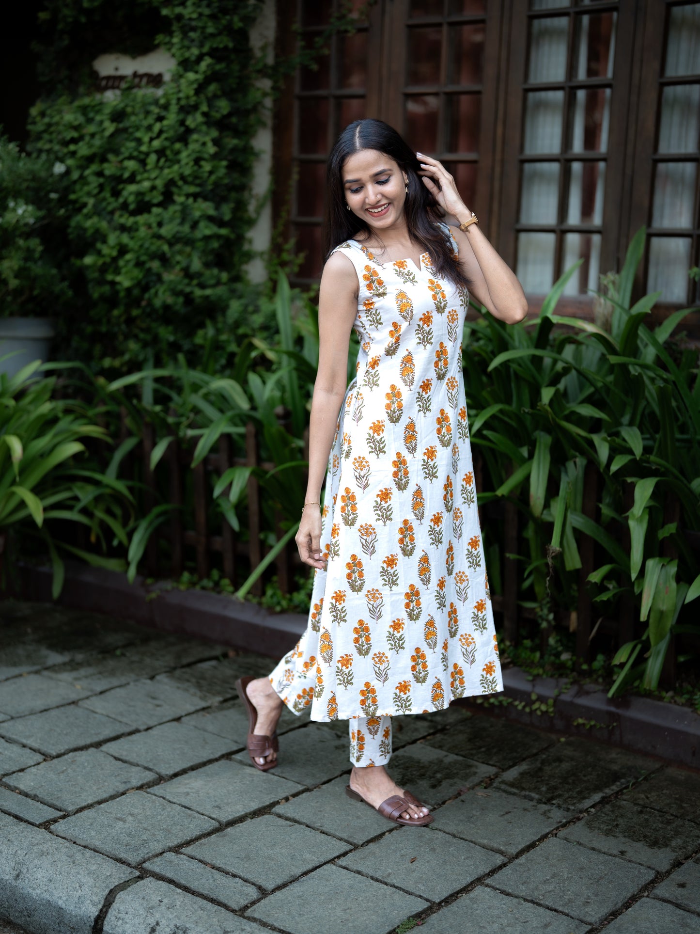 White floral block printed aline kurta and pant set