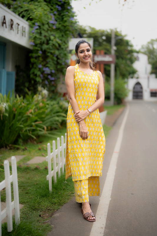 Yellow Block Printed Halter Neck Set