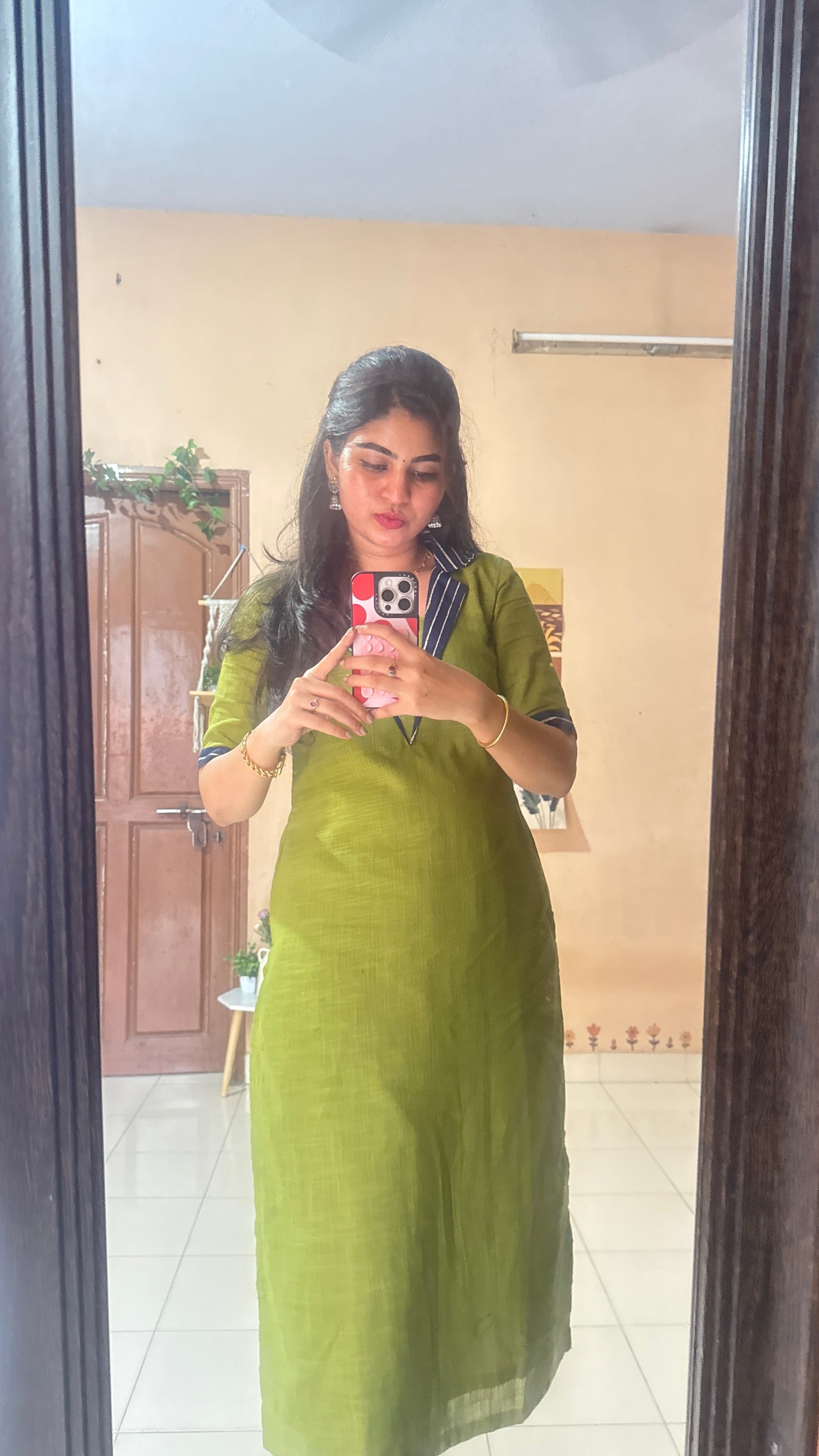 Green Slub Cotton Kurta With Blue Striped Pant
