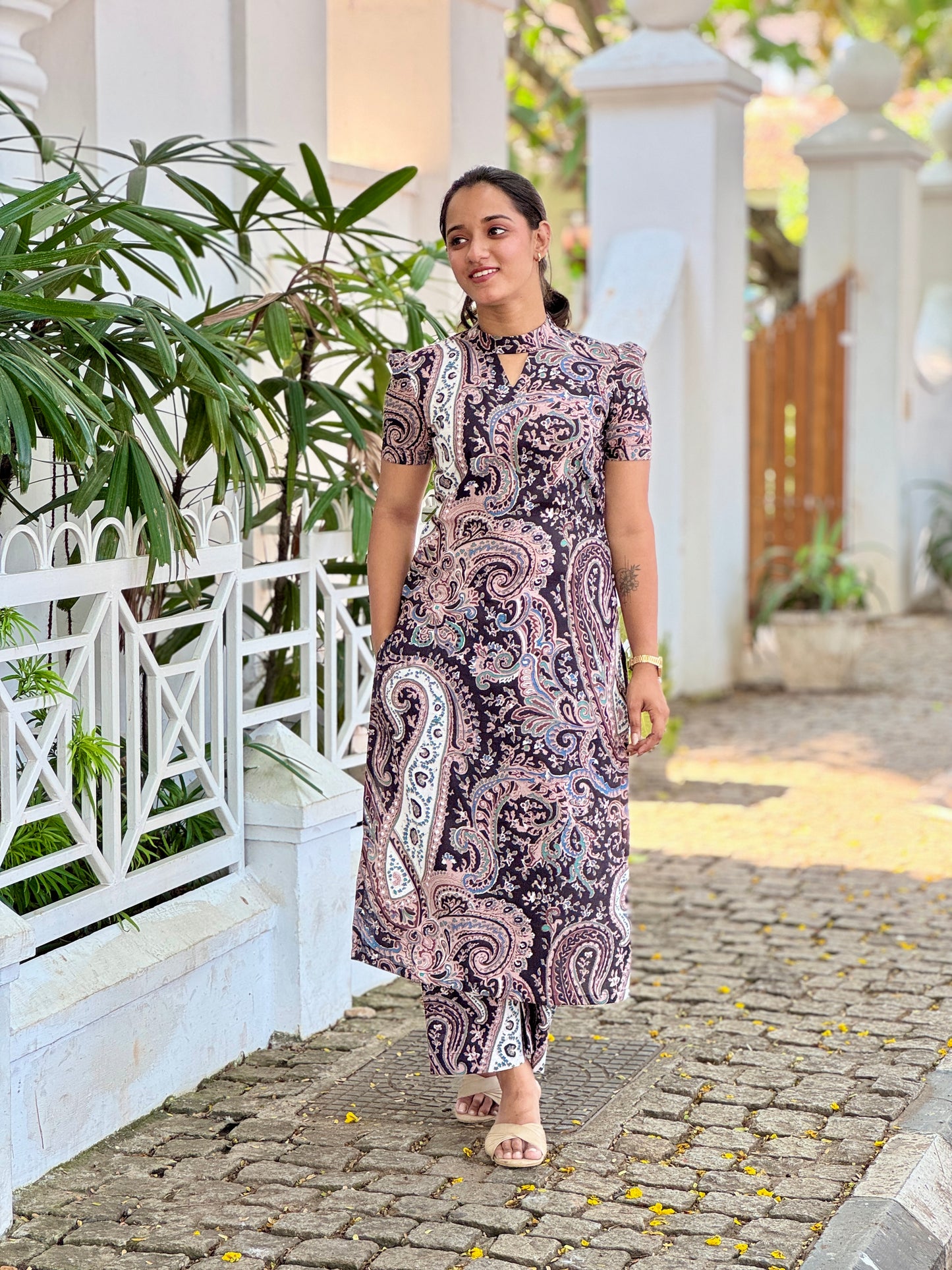 Black floral printed polo collar kurta and pant set