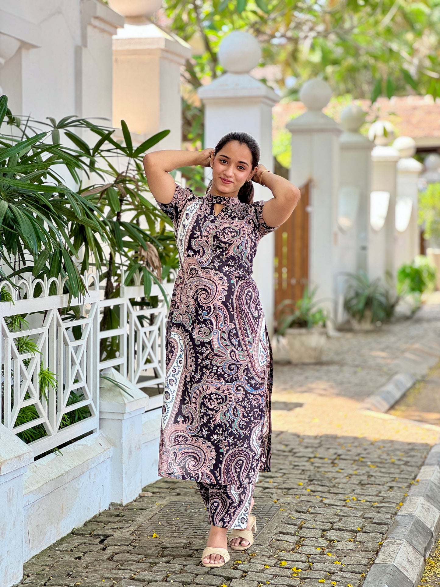 Black floral printed polo collar kurta and pant set