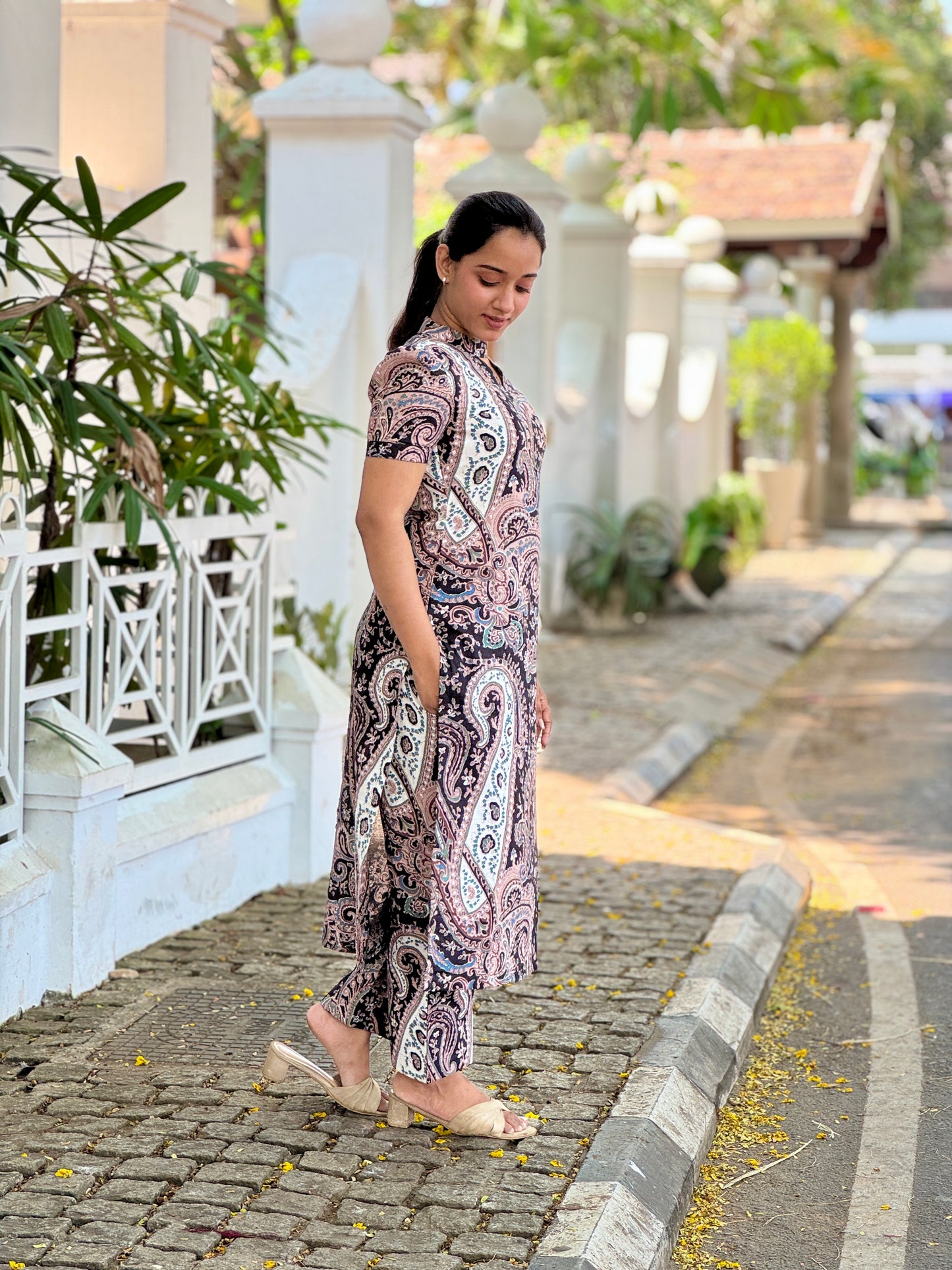 Black floral printed polo collar kurta and pant set
