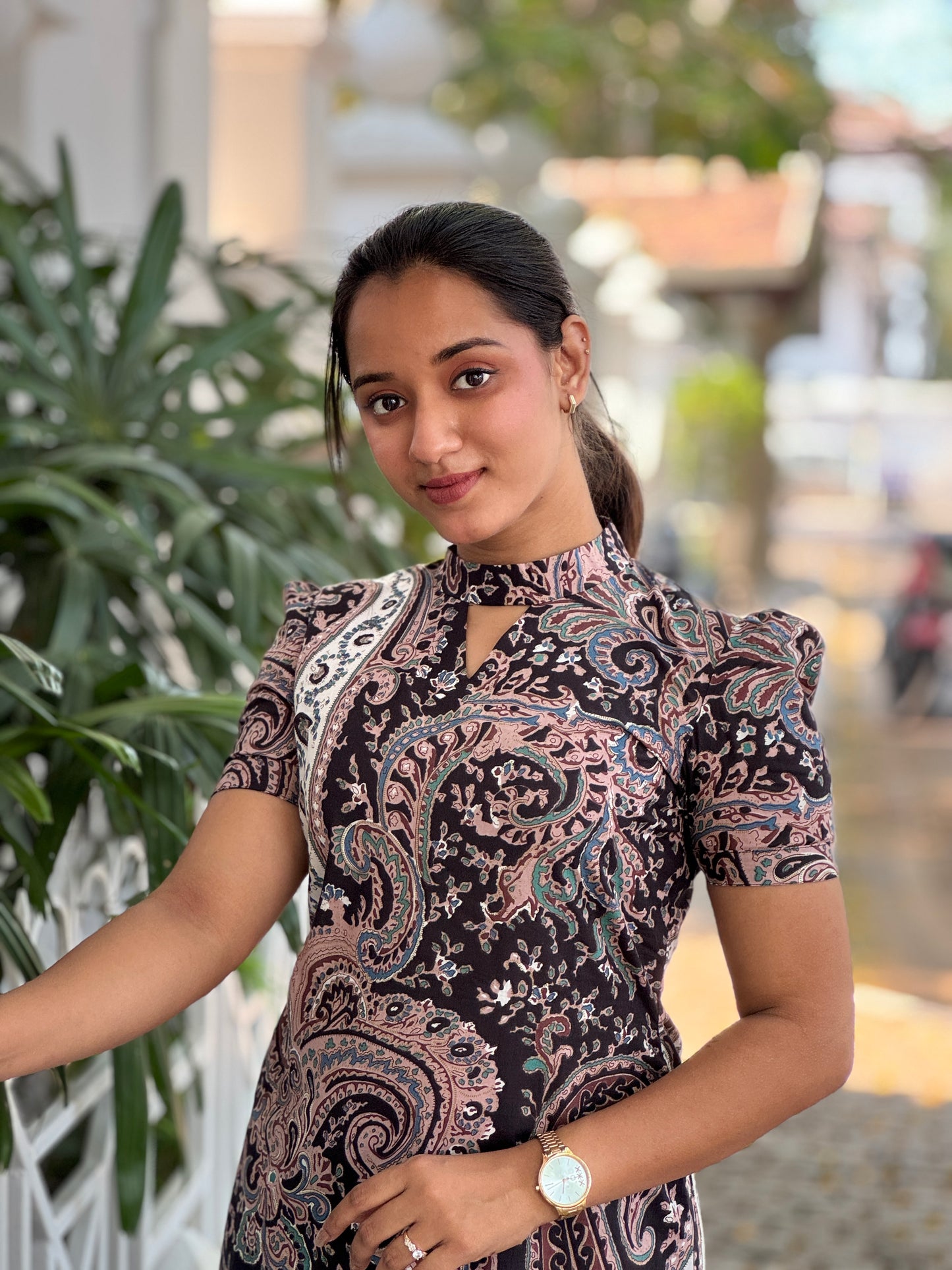 Black floral printed polo collar kurta and pant set