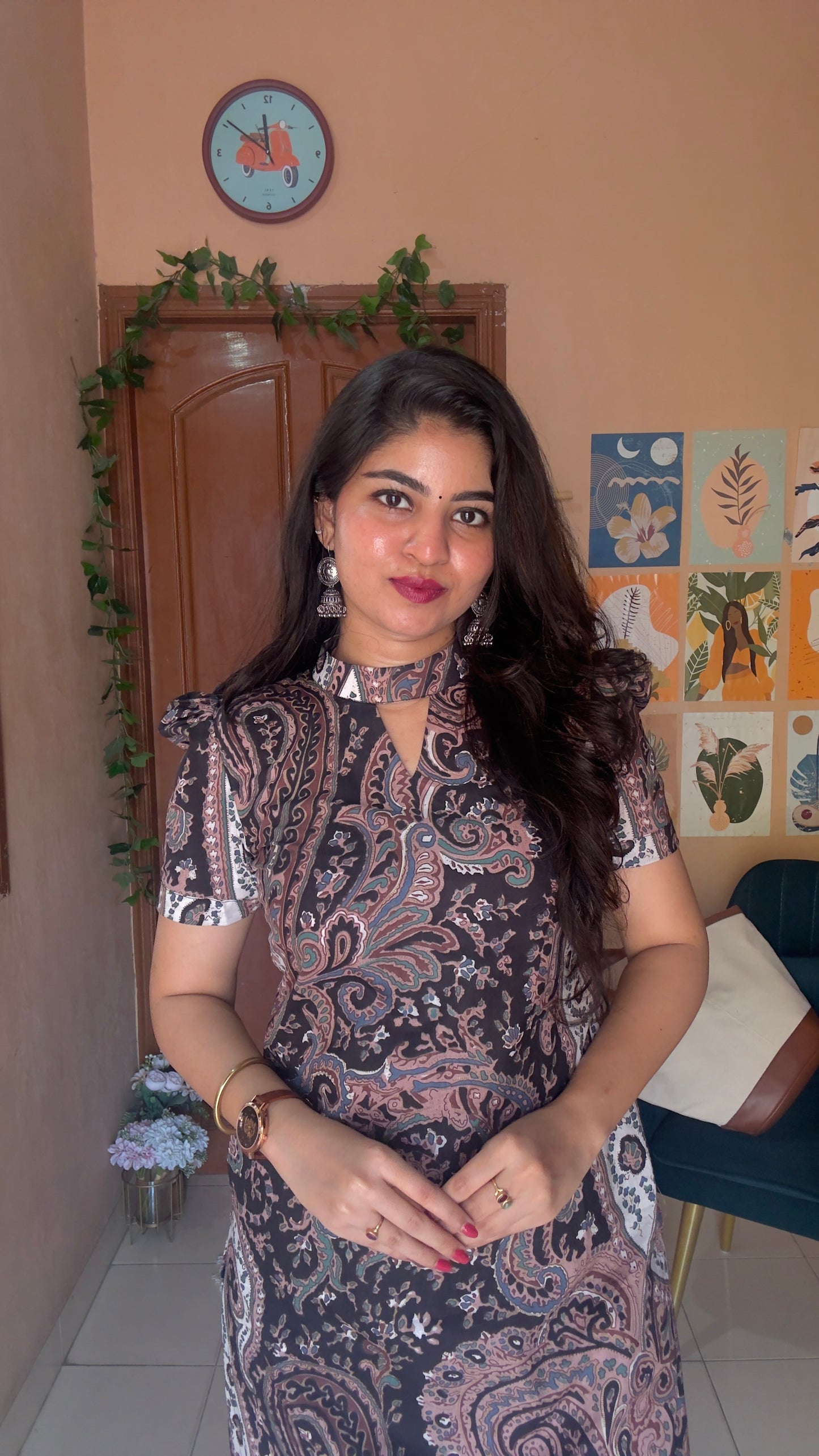 Black floral printed polo collar kurta and pant set