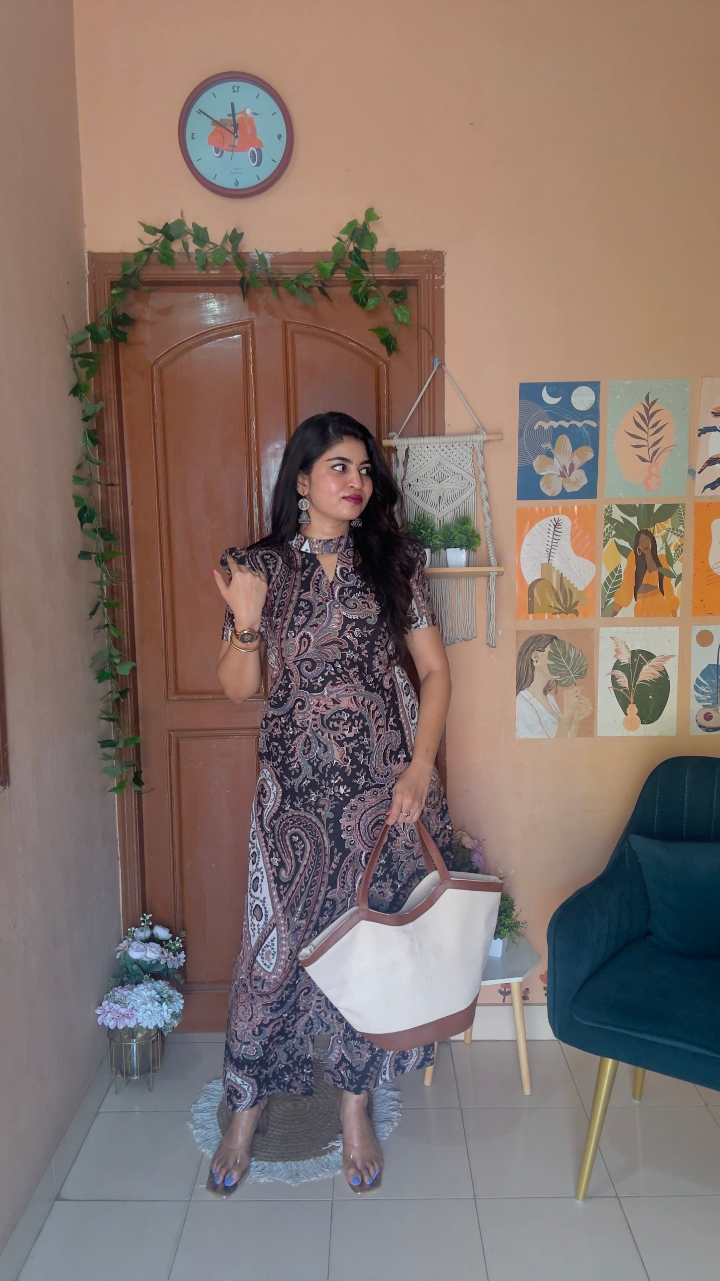 Black floral printed polo collar kurta and pant set