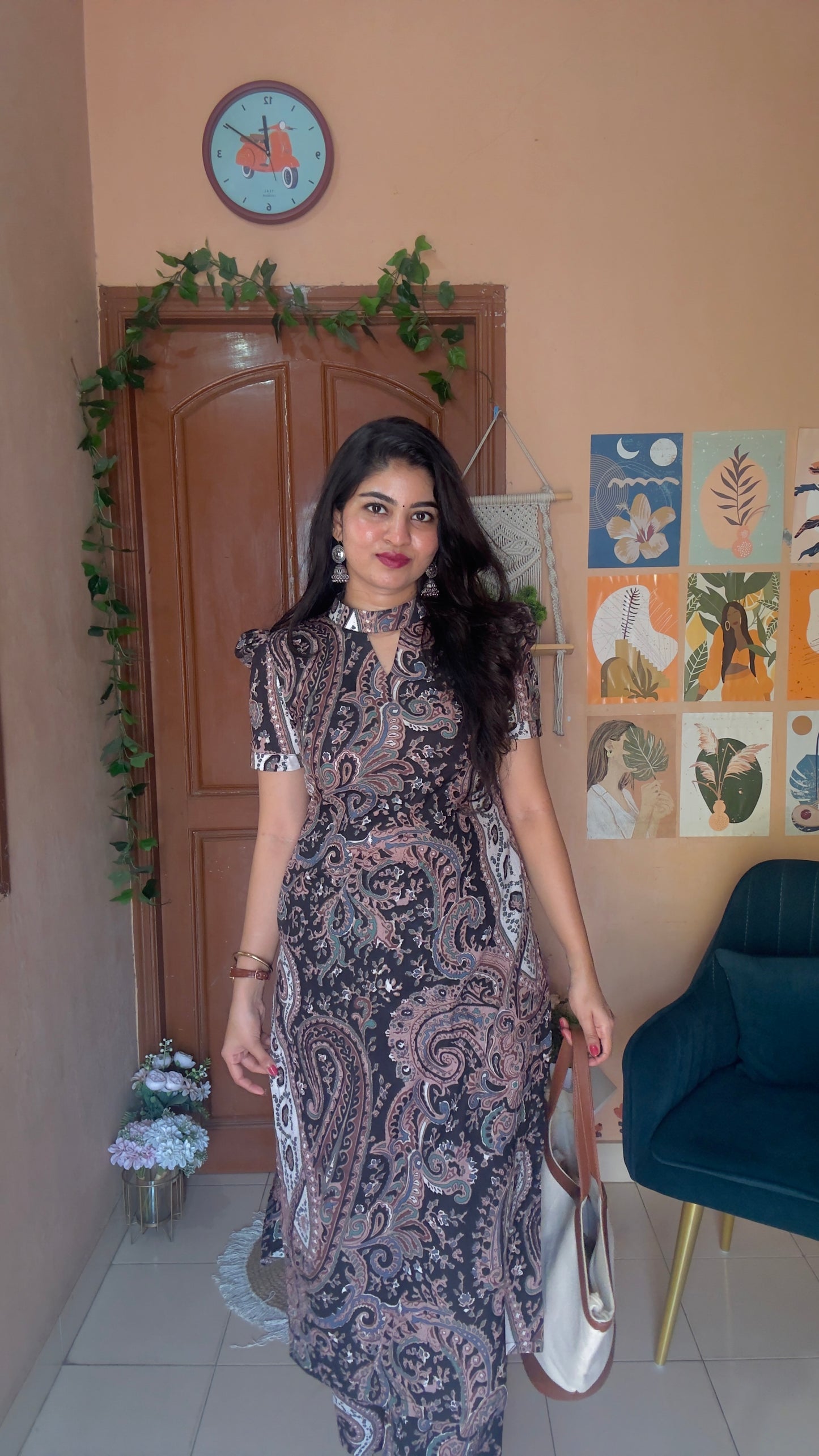 Black floral printed polo collar kurta and pant set