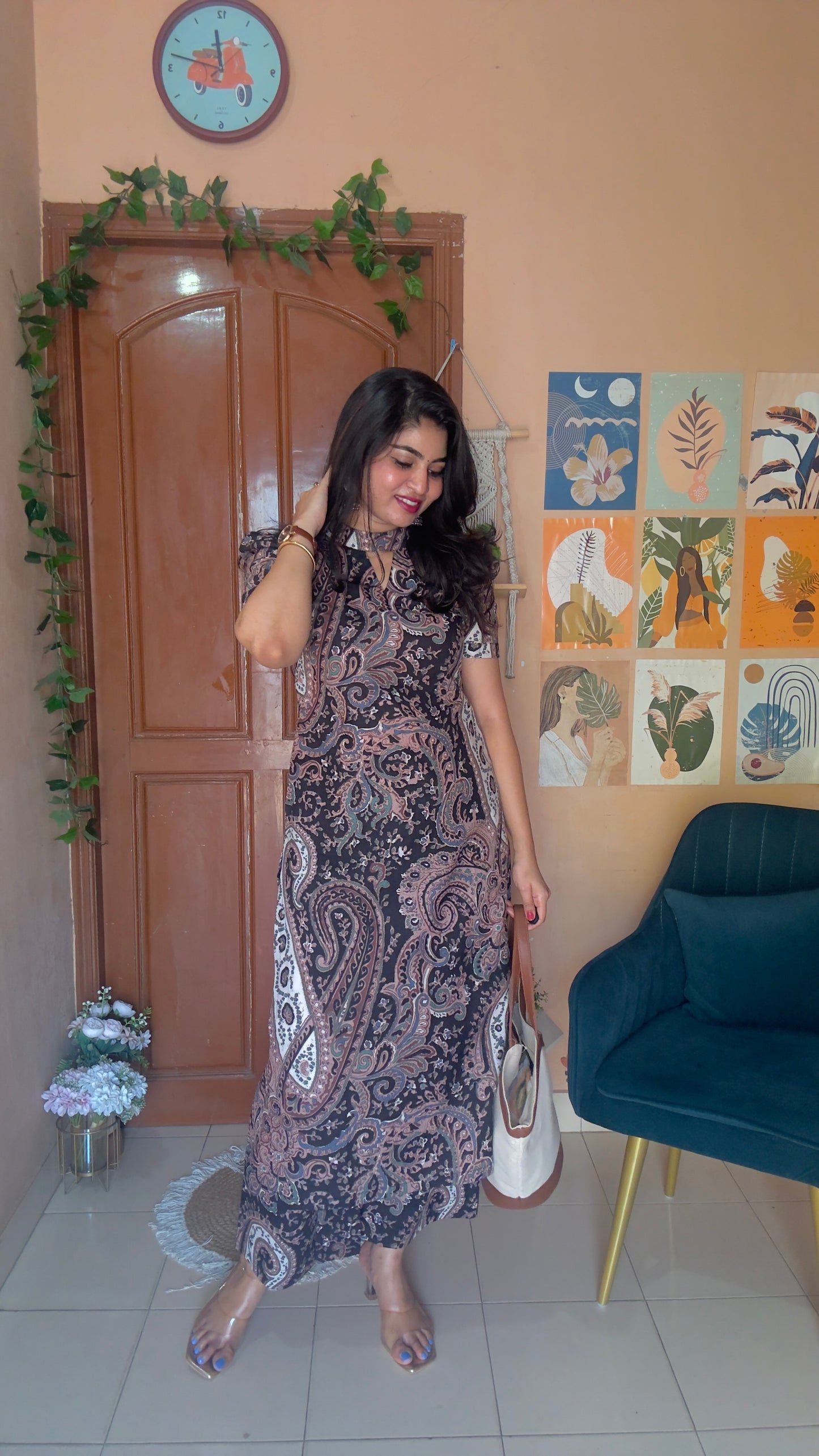 Black floral printed polo collar kurta and pant set