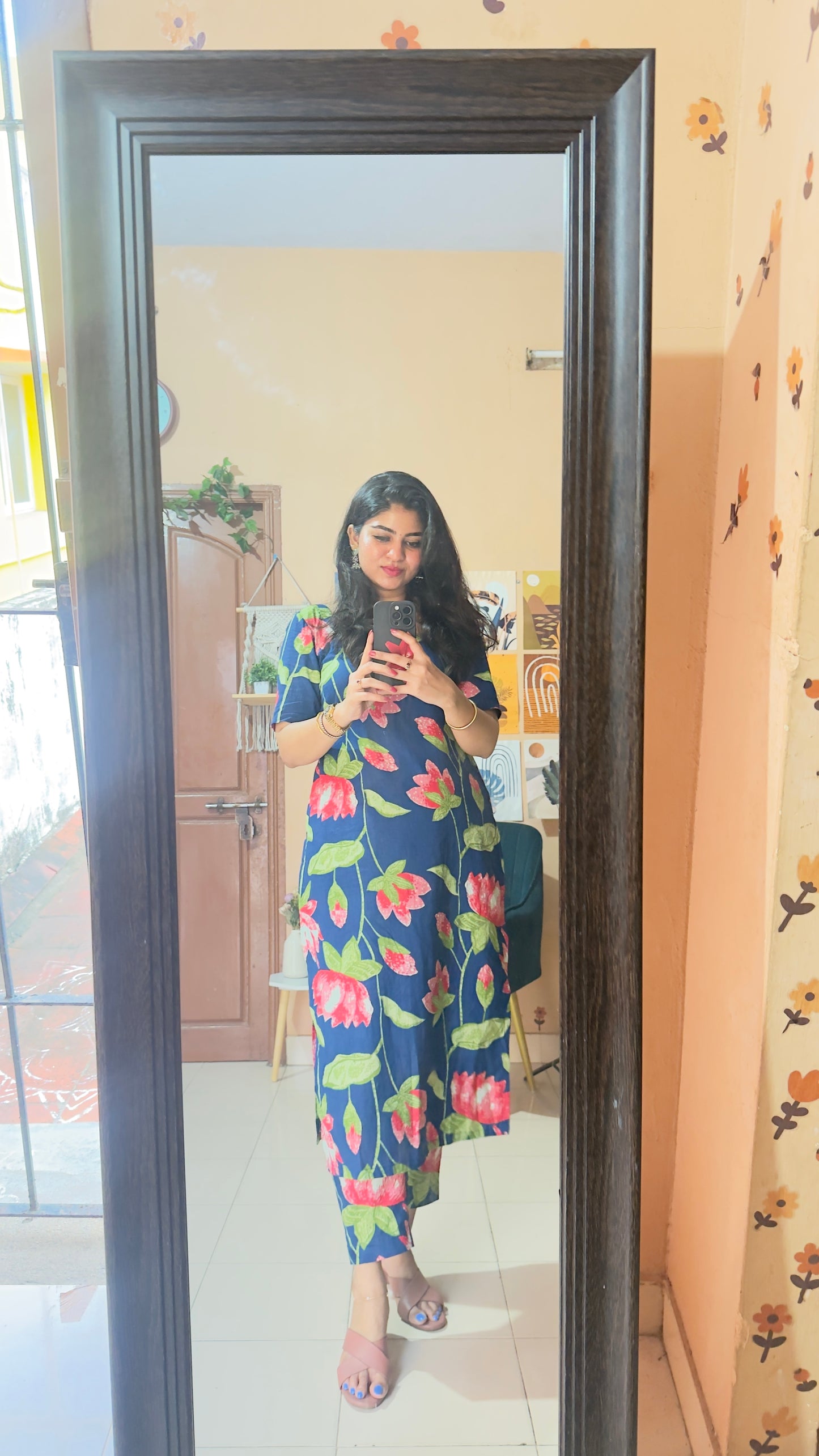 Blue Lotus Print Cotton Kurta and Pant Set