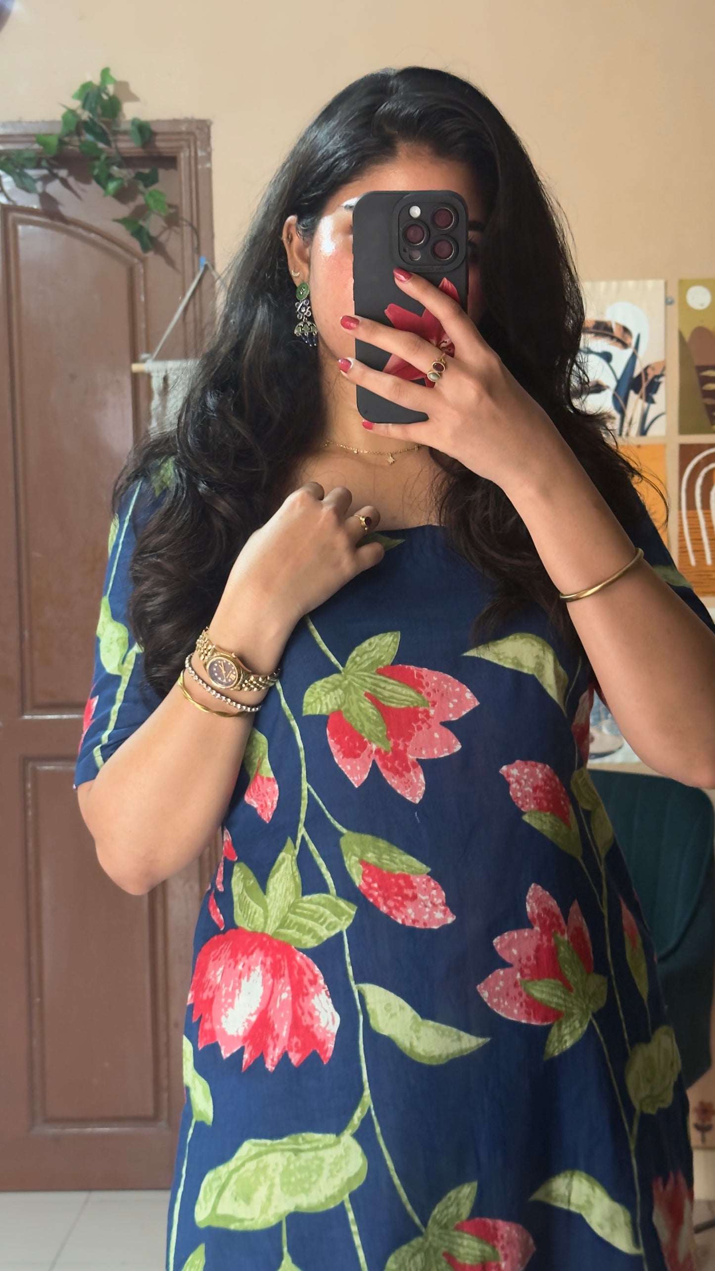 Blue Lotus Print Cotton Kurta and Pant Set