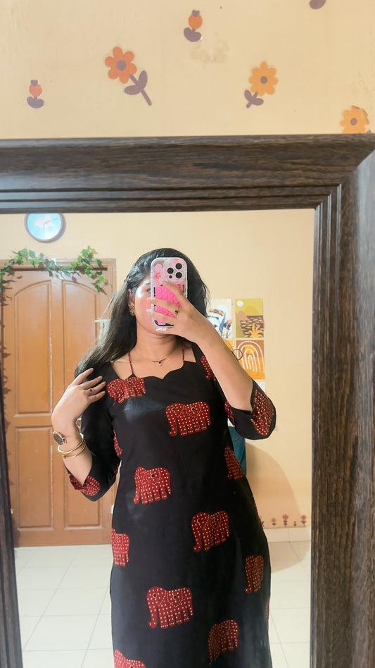 Black with Red Polka Elephant Printed Kurta Pant Set