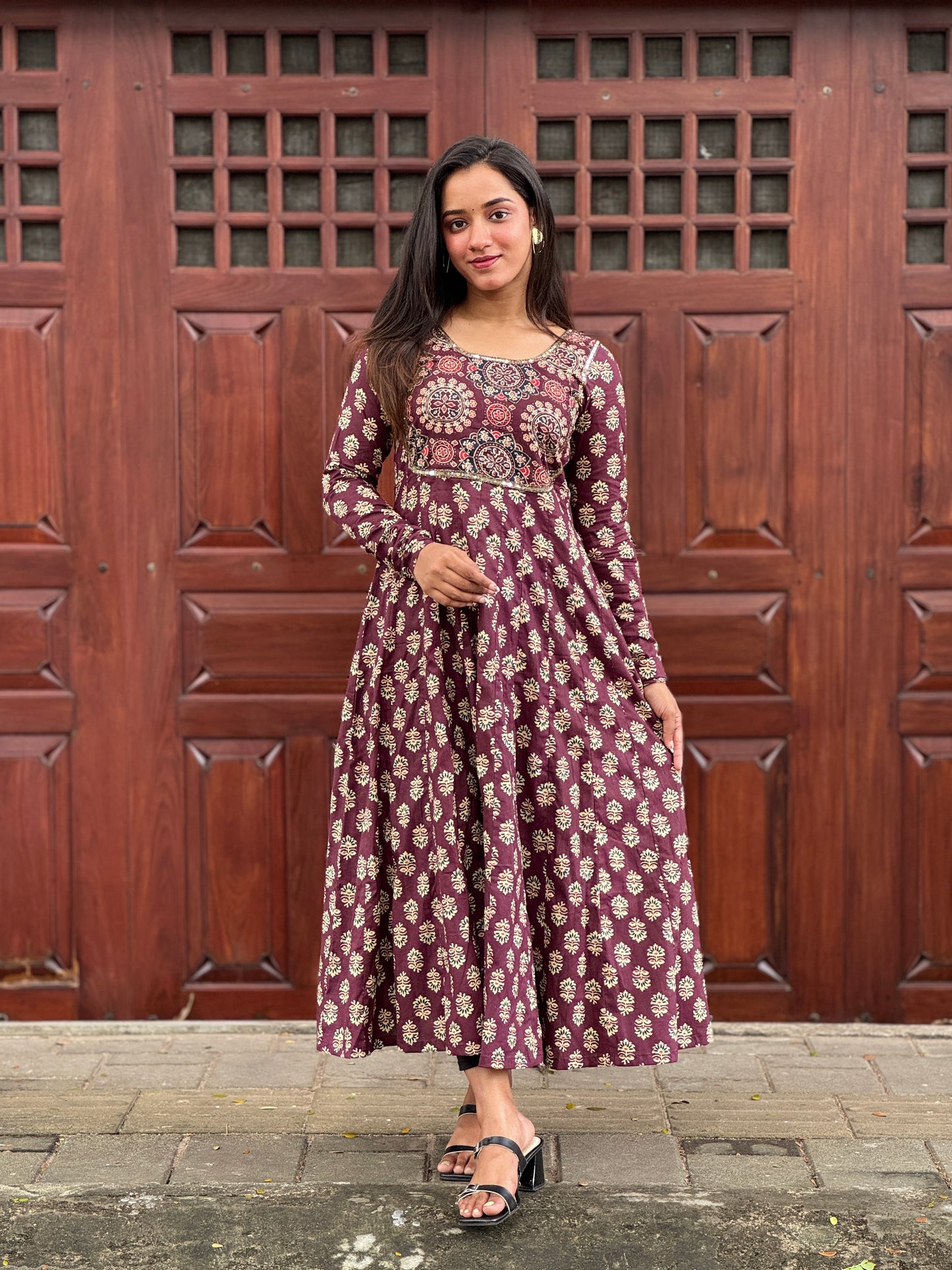 Wine cotton handworked panel cut anarakali top