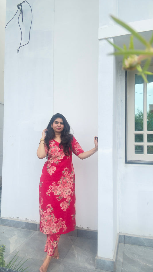 Fuchsia Pink Floral Kurta Pant Set