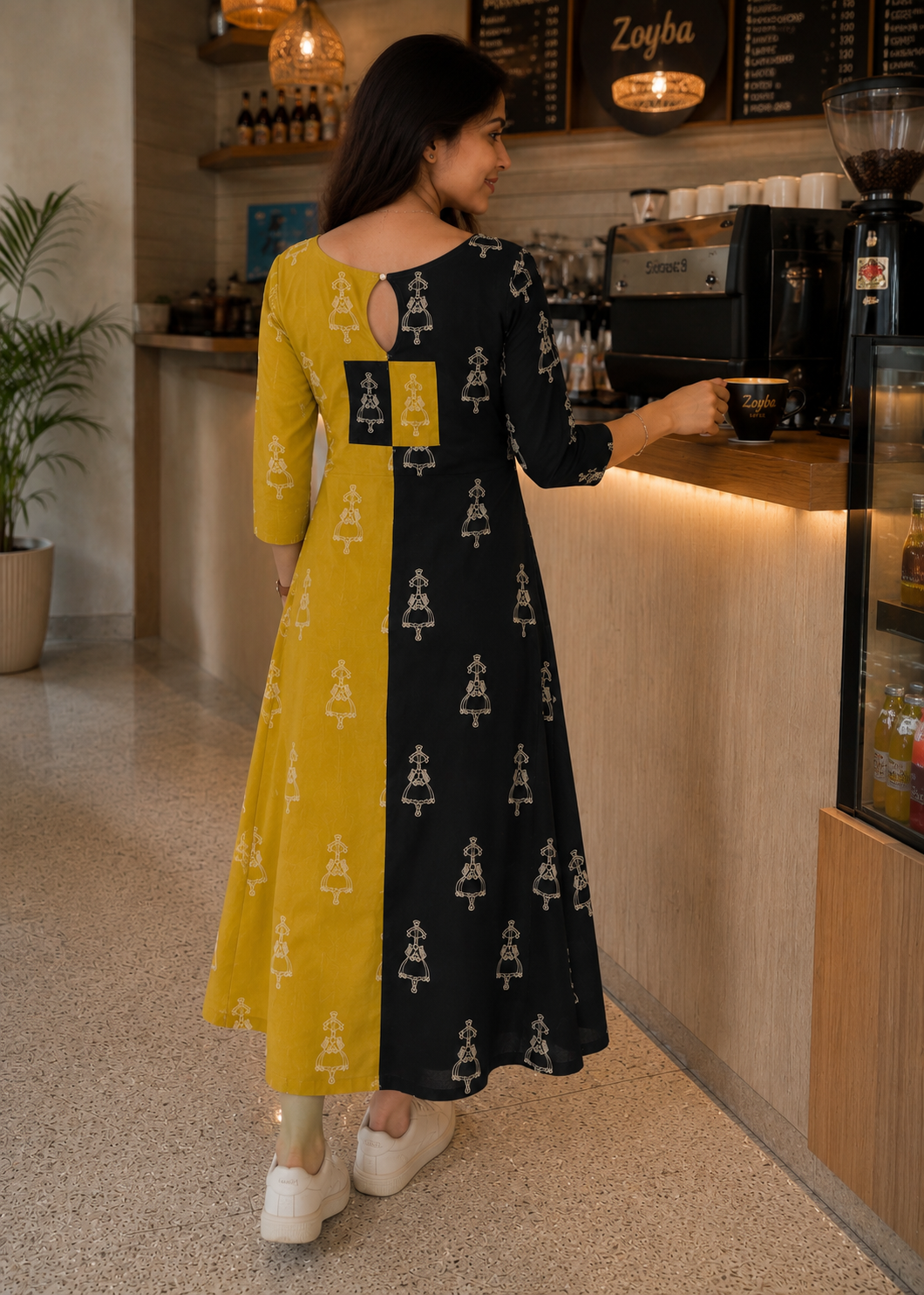 Gramya - Warli Printed Double Colour Cotton Aline Dress