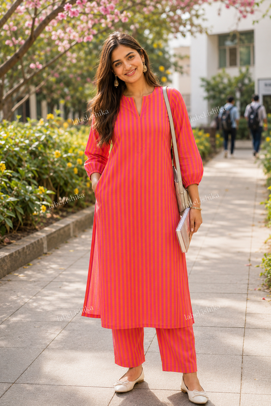 “PINK CITRUS” - Cotton Striped Kurta Set