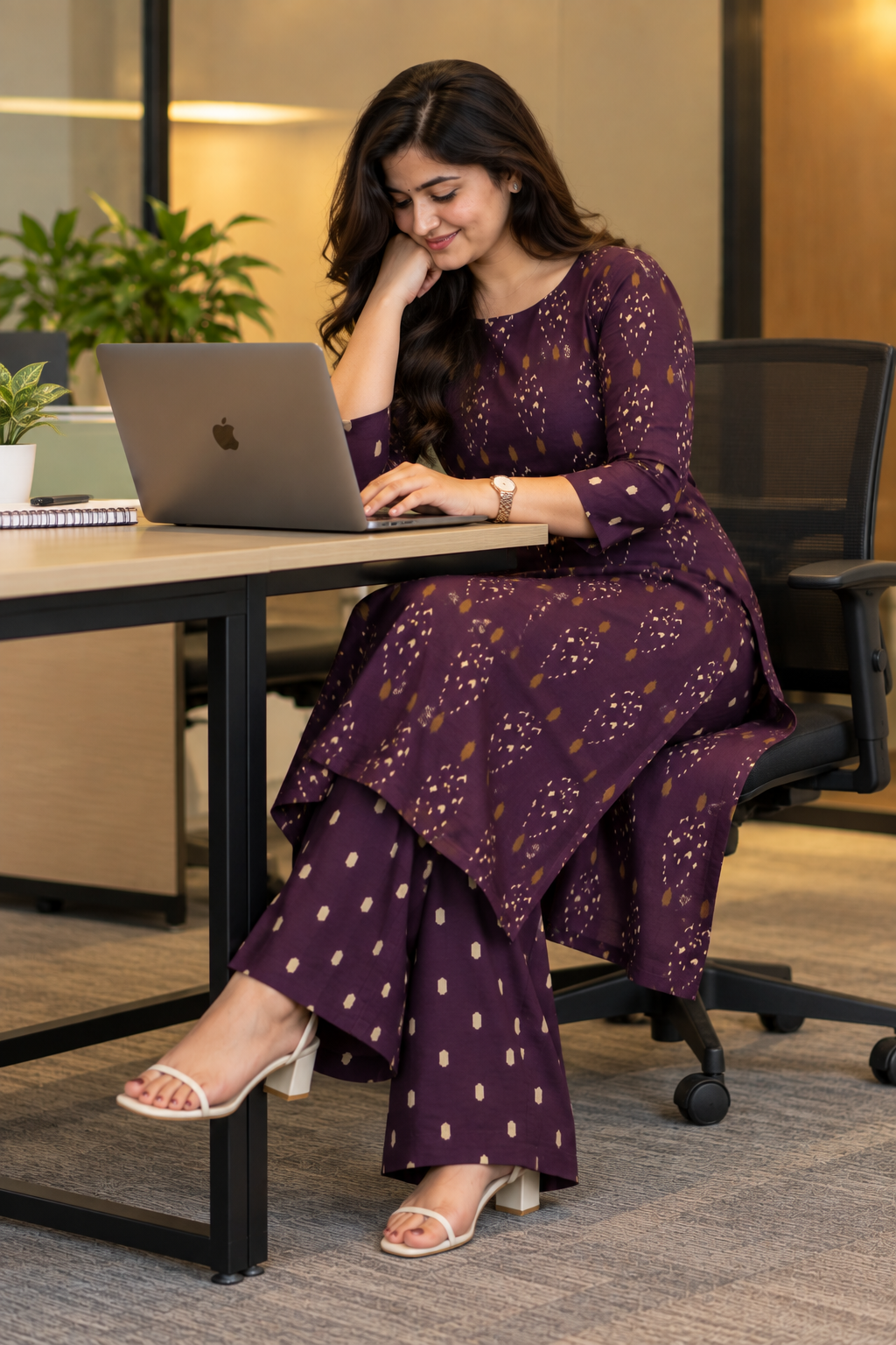 Workwear Collection - Purple Ikkat Printed Cotton Kurta Set