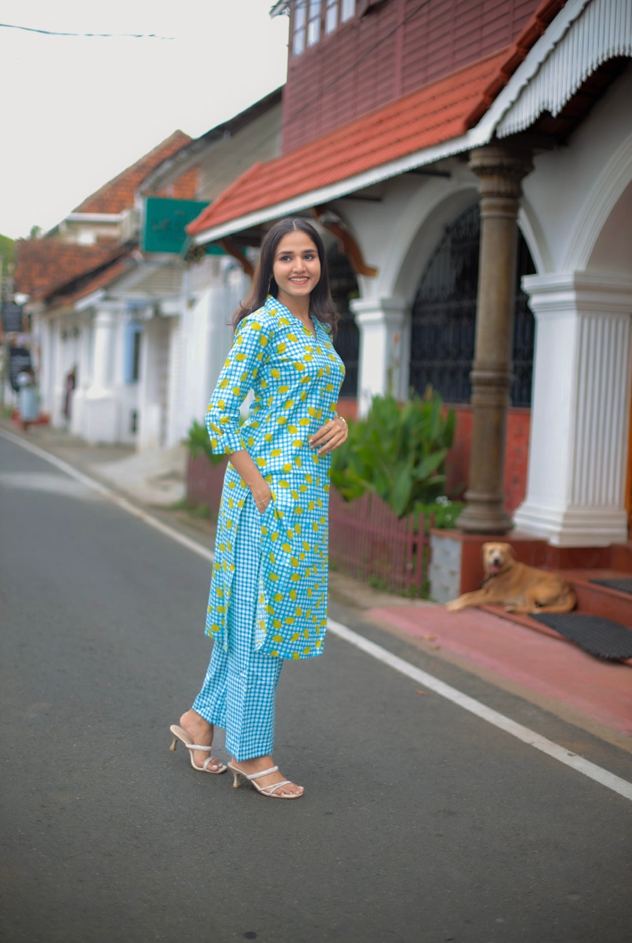 Blue Checkered Kurta and Palazzo Set with lemon print
