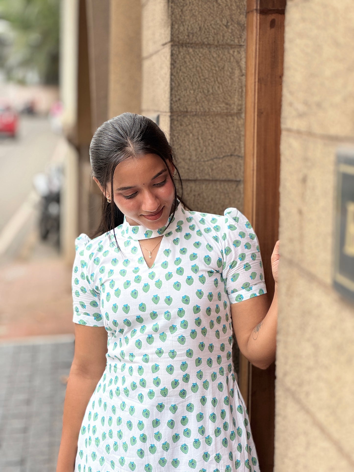 White Quirky Printed Cotton Dress